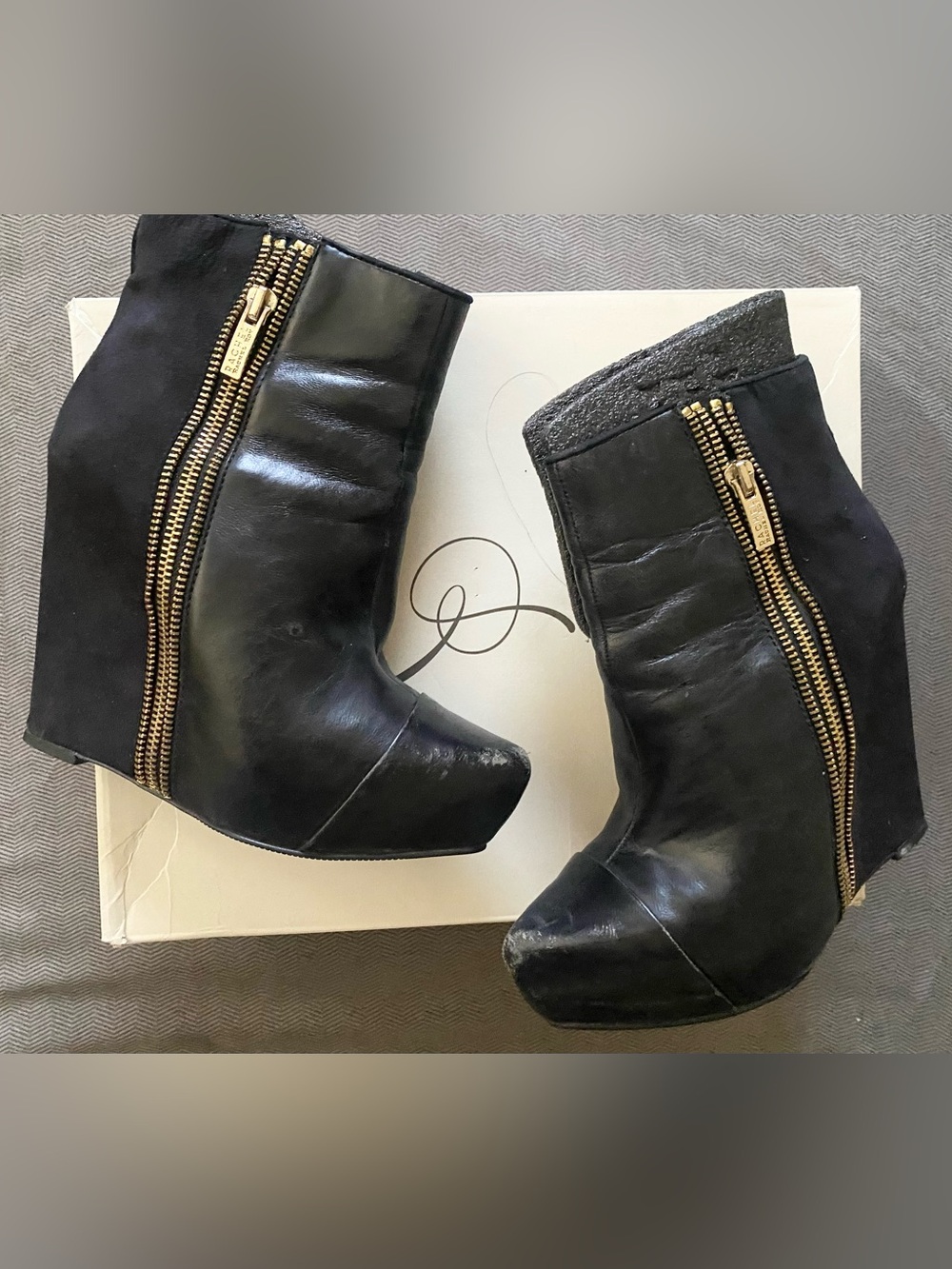 RACHEL Rachel Roy Black Wedge Ankle Boots with Gold Zippers